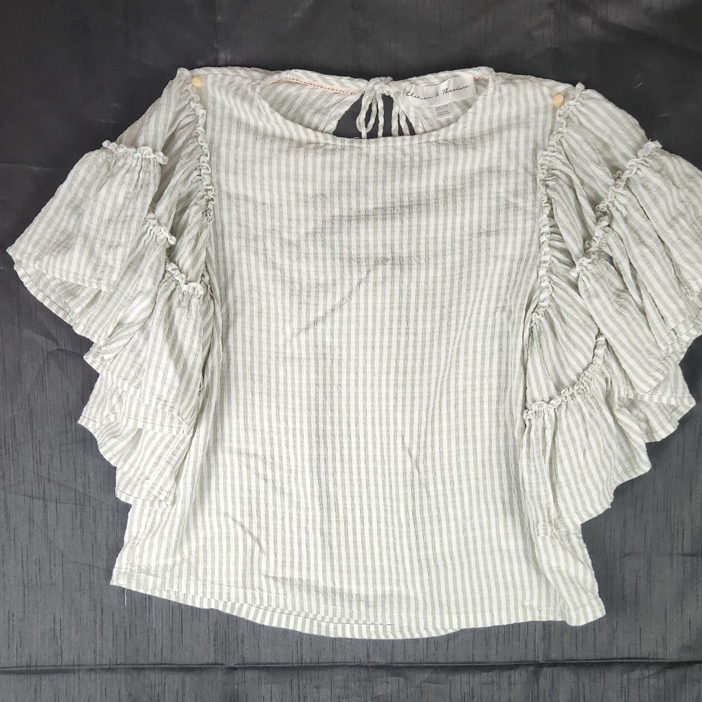 Chelsea & Theodore Light Gray and White Striped Ruffle Sleeve Blouse